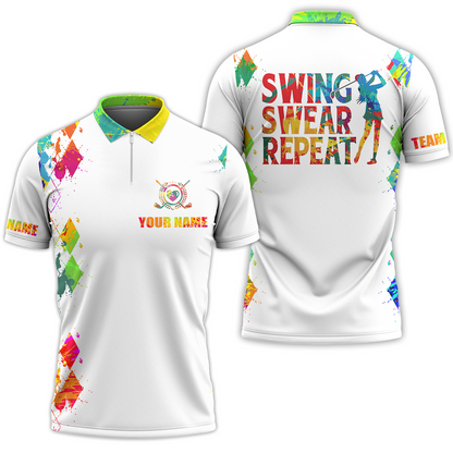 Womens Golf Polo Shirt Watercolor Custom Name Swing Swear Repeat White Golf Shirt, Golfing Gifts