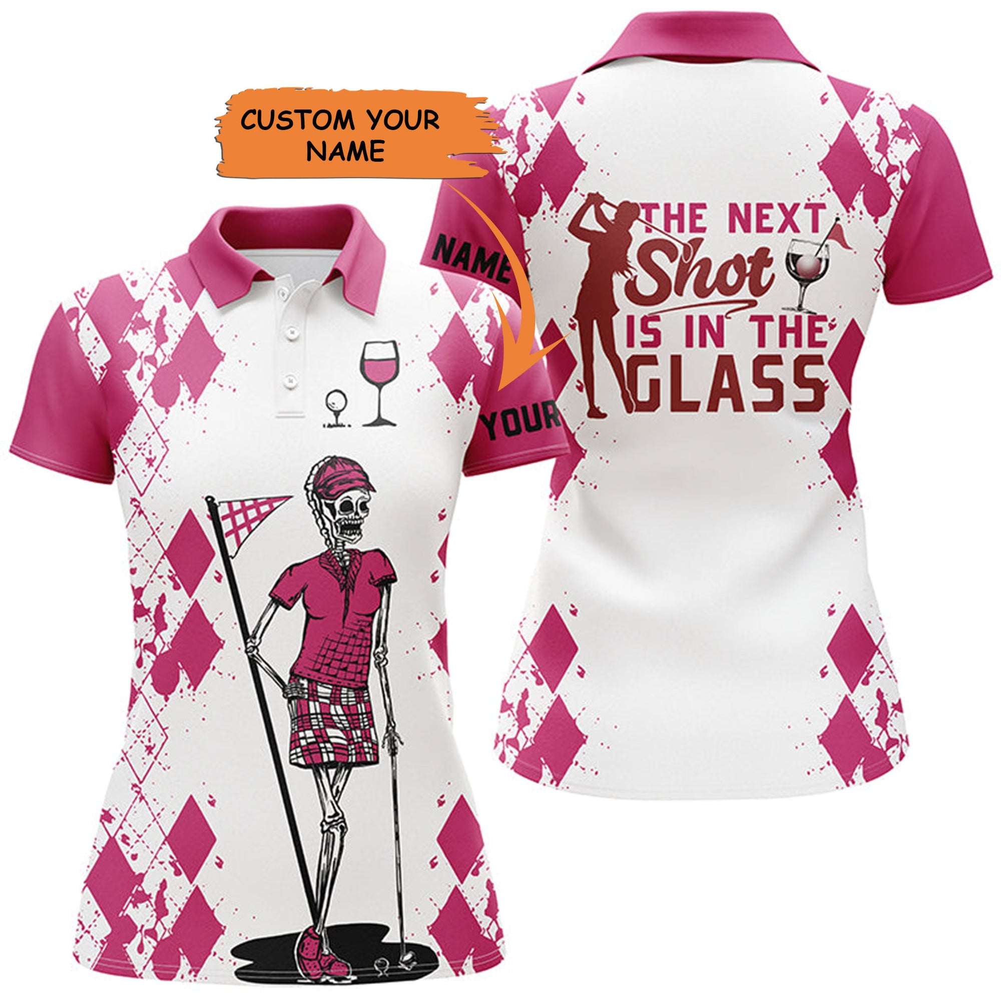 White Pink Womens Golf Polo Shirt Golf & Wine Skull Custom Name The Next Shot Is In The Glass, Best Gift For Women