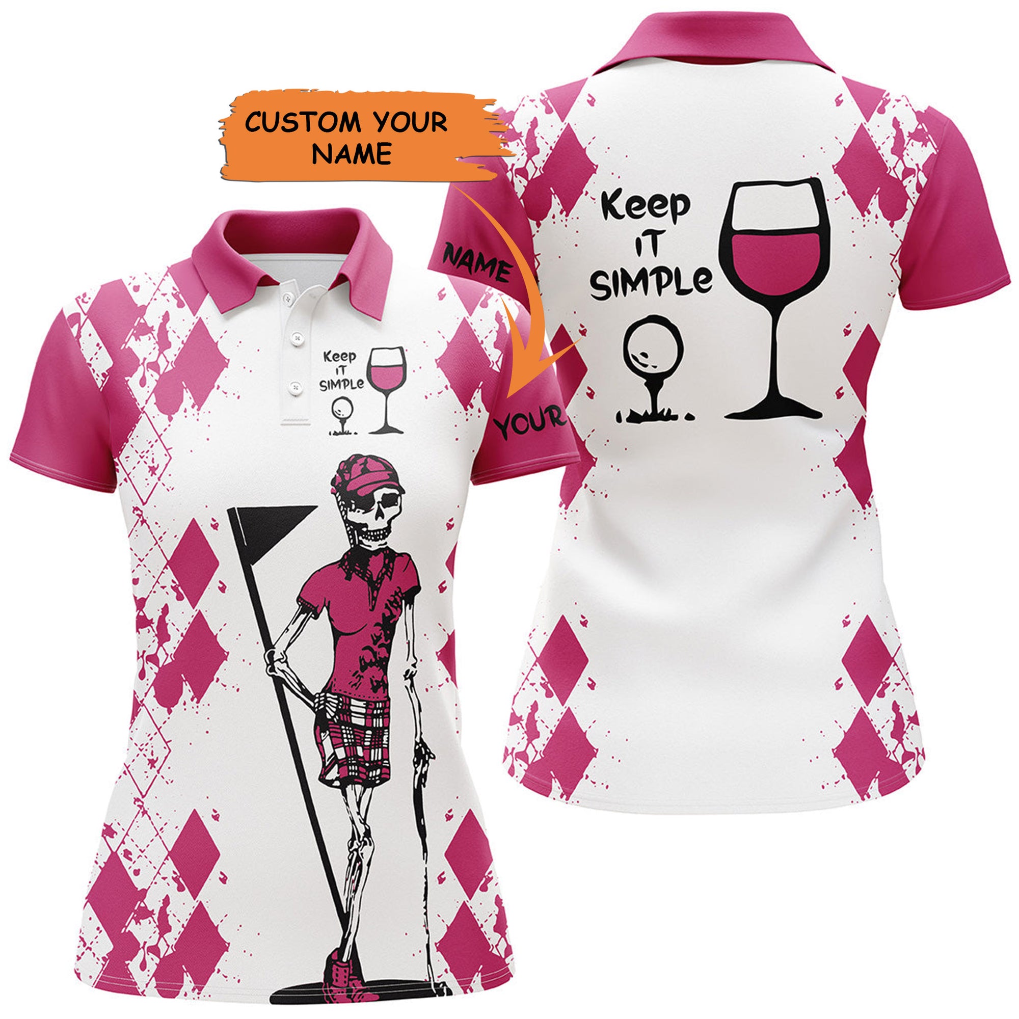 White Pink Womens Golf Shirt Skull Keep It Simple Golf & Wine Custom Name Womens Golf Polo Shirt