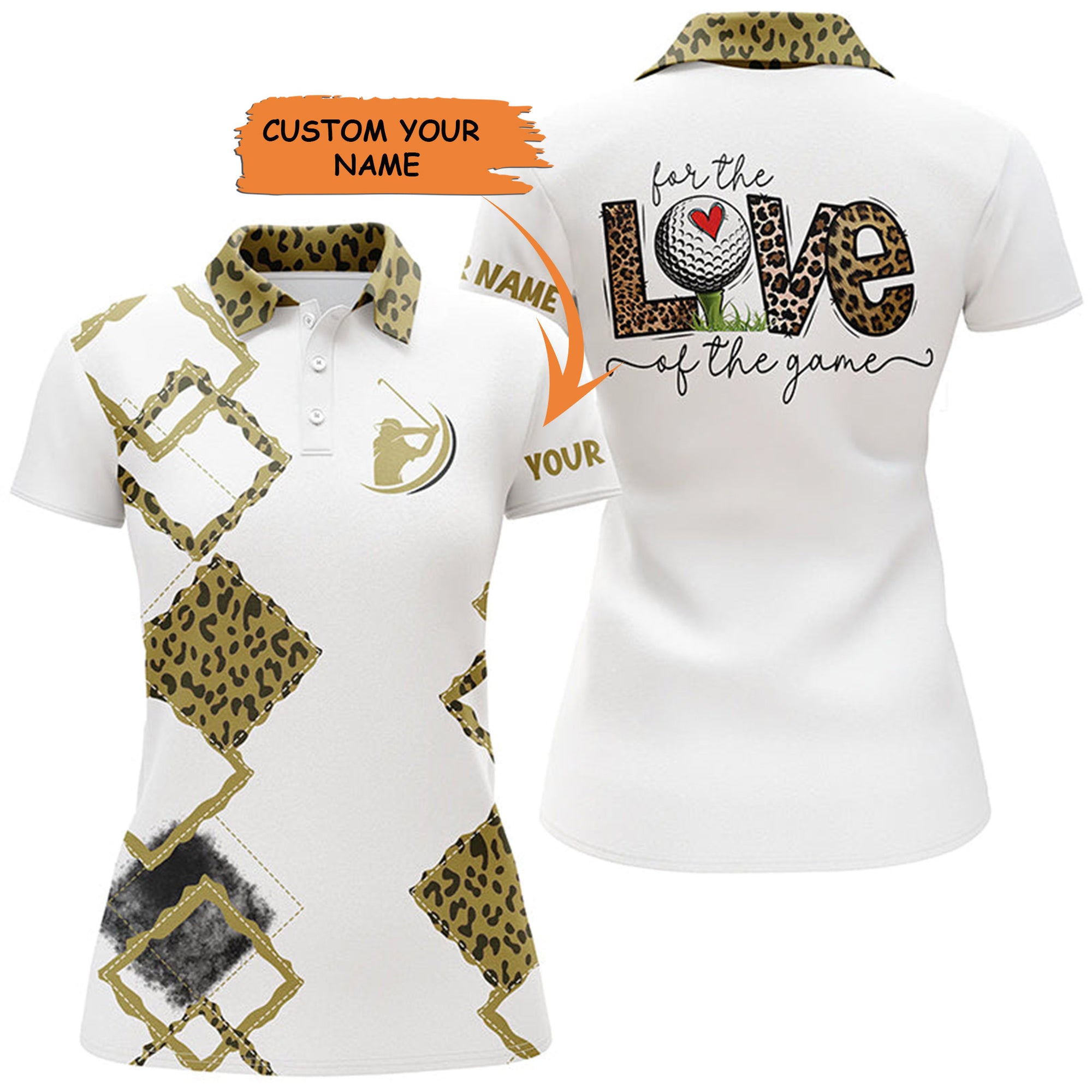 White Womens Golf Polo Shirts Custom Name For The Love Of The Game Leopard Golf Shirts