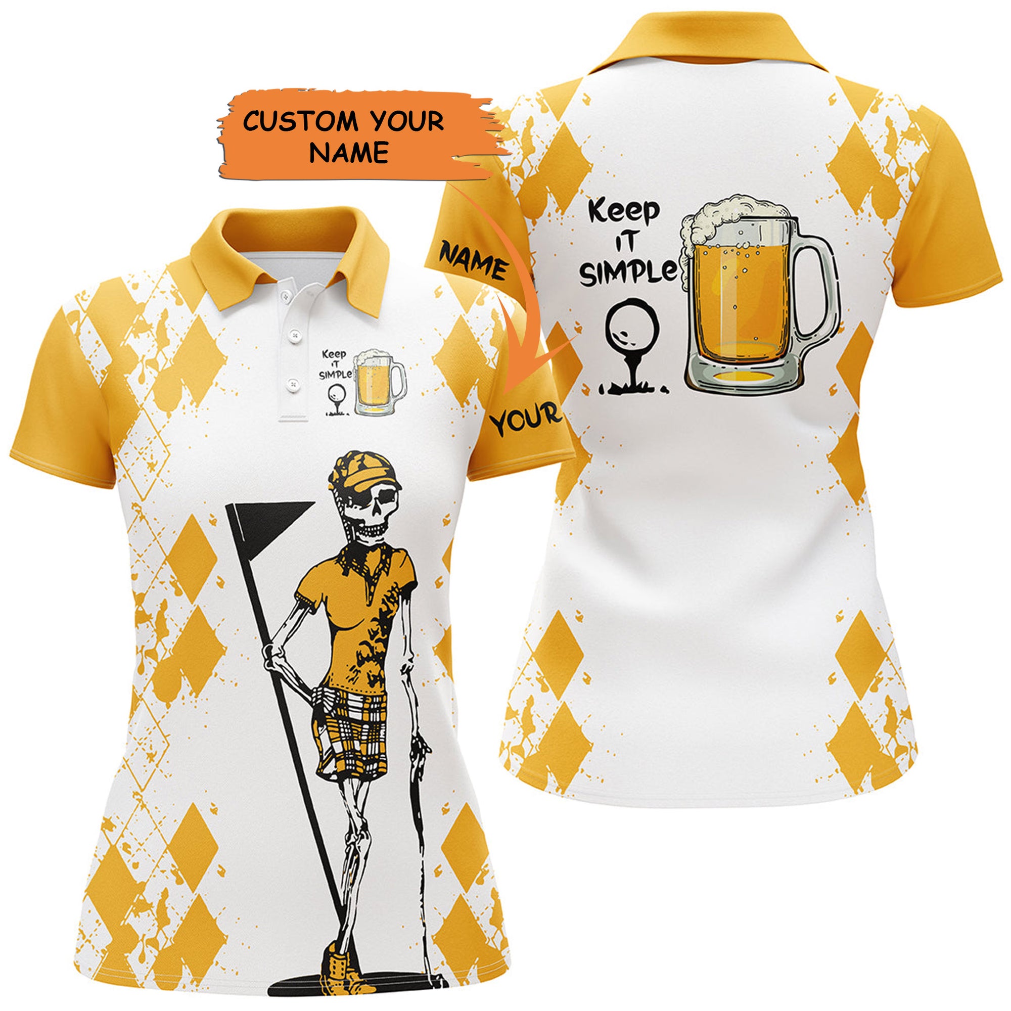 White Yellow Womens Golf Shirt Skull Keep It Simple Golf & Beer Custom Name Womens Golf Polo Shirt