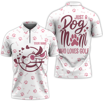 White And Pink Golf Dog Women Polo Shirt, Just A Dog Mom Who Loves Golf Short Sleeve Shirt, Golf Gift For Dog Lovers