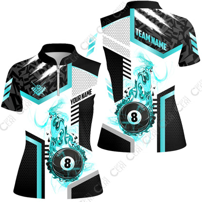 Customized Billiards Stand Collar Quarter Zip Short Sleeve Women's Shirt, Flaming 8-Ball Graphic, 8 Ball Pool Jersey