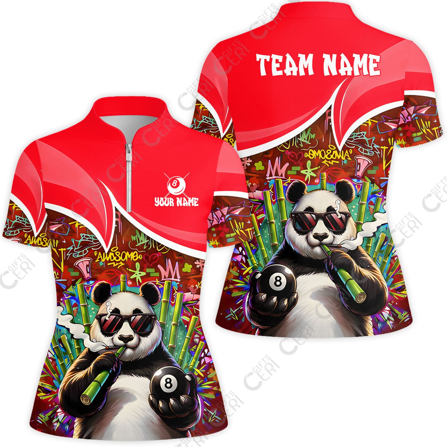 Customized 8 Ball Pool Stand Collar Quarter Zip Short Sleeve Women's Shirt, 8-Ball Panda Bamboo Billiards, Billiards Jerseys