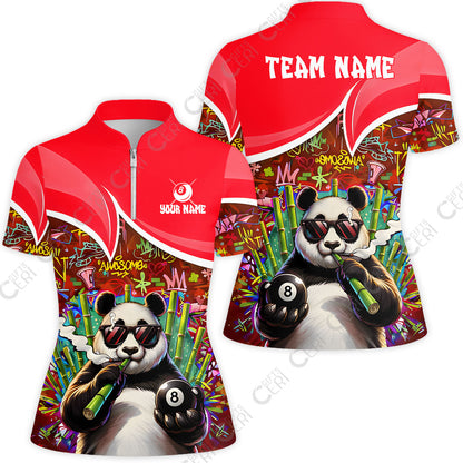 Customized 8 Ball Pool Stand Collar Quarter Zip Short Sleeve Women's Shirt, 8-Ball Panda Bamboo Billiards, Billiards Jerseys