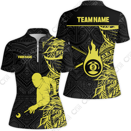 Customized 9 Ball Pool Stand Collar Quarter Zip Short Sleeve Women's Shirt, 9-Ball Billiards Tattoo Pattern, Billiards Jerseys