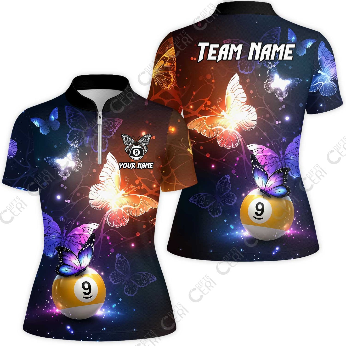 Customized 9 Ball Pool Stand Collar Quarter-Zip Short Sleeve Women's Shirt, Brush Paint Billiard Butterfly Sparkle 9-Ball, Personalized Billiards Jersey