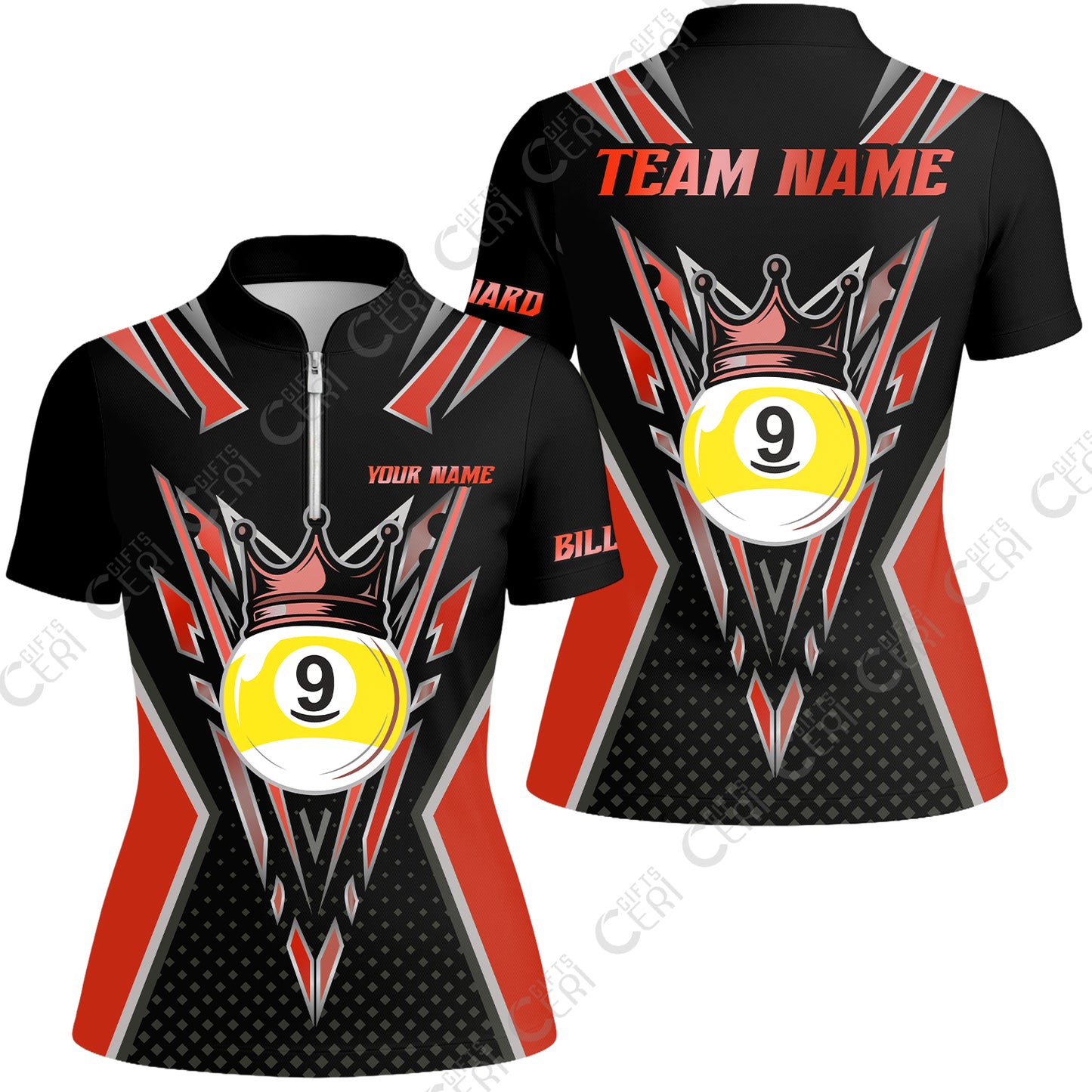 Customized 9 Ball Pool Stand Collar Quarter Zip Short Sleeve Women's Shirt, Billiard 9-Ball Crown, Billiard Jerseys