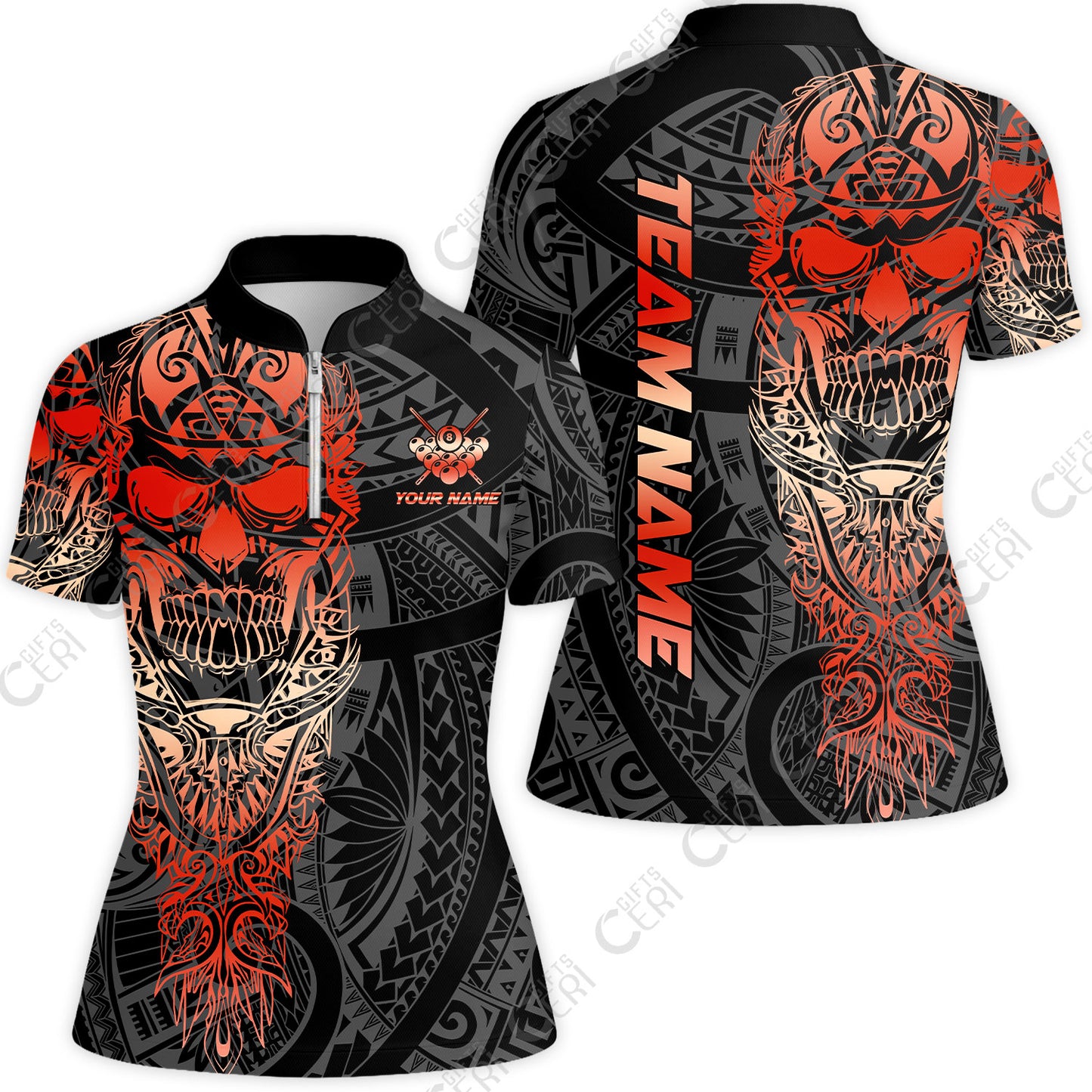 Customized 8 Ball Pool Stand Collar Quarter Zip Short Sleeve Women's Shirt, 8-Ball Billiard Ethnic Tribal Style Pattern, Billiards Jerseys
