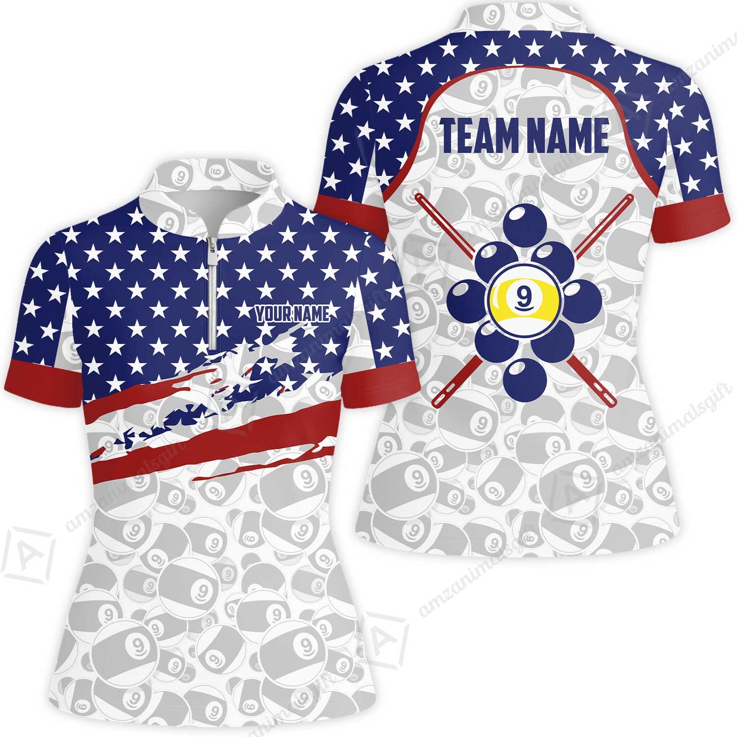 Customized 9 Ball Pool Stand Collar Quarter-Zip Short Sleeve Women's Shirt, American Star Flag Billiard 9-ball, Personalized Billiards Jersey