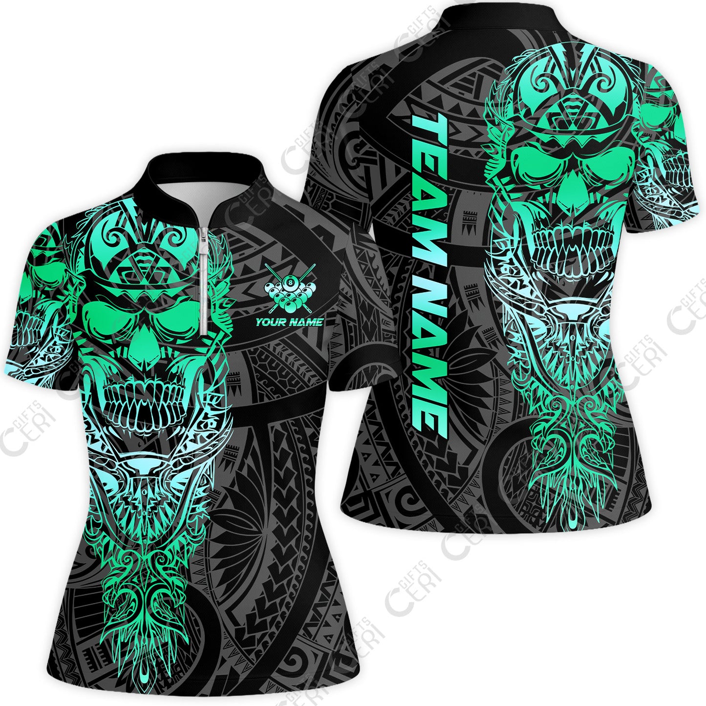 Customized 8 Ball Pool Stand Collar Quarter Zip Short Sleeve Women's Shirt, 8-Ball Billiard Ethnic Tribal Style Pattern, Billiards Jerseys