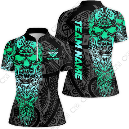 Customized 8 Ball Pool Stand Collar Quarter Zip Short Sleeve Women's Shirt, 8-Ball Billiard Ethnic Tribal Style Pattern, Billiards Jerseys