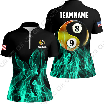 Customized Billiard Stand Collar Quarter Zip Short Sleeve Women's Shirt, Billiard 8-Ball And 9-Ball Yin-Yang Flame, Billiard Jerseys