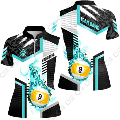 Customized 9 Ball Pool Stand Collar Quarter Zip Short Sleeve Women's Shirt, Flaming 9-Ball Graphic, Billiards Jersey