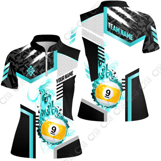 Customized 9 Ball Pool Stand Collar Quarter Zip Short Sleeve Women's Shirt, Flaming 9-Ball Graphic, Billiards Jersey