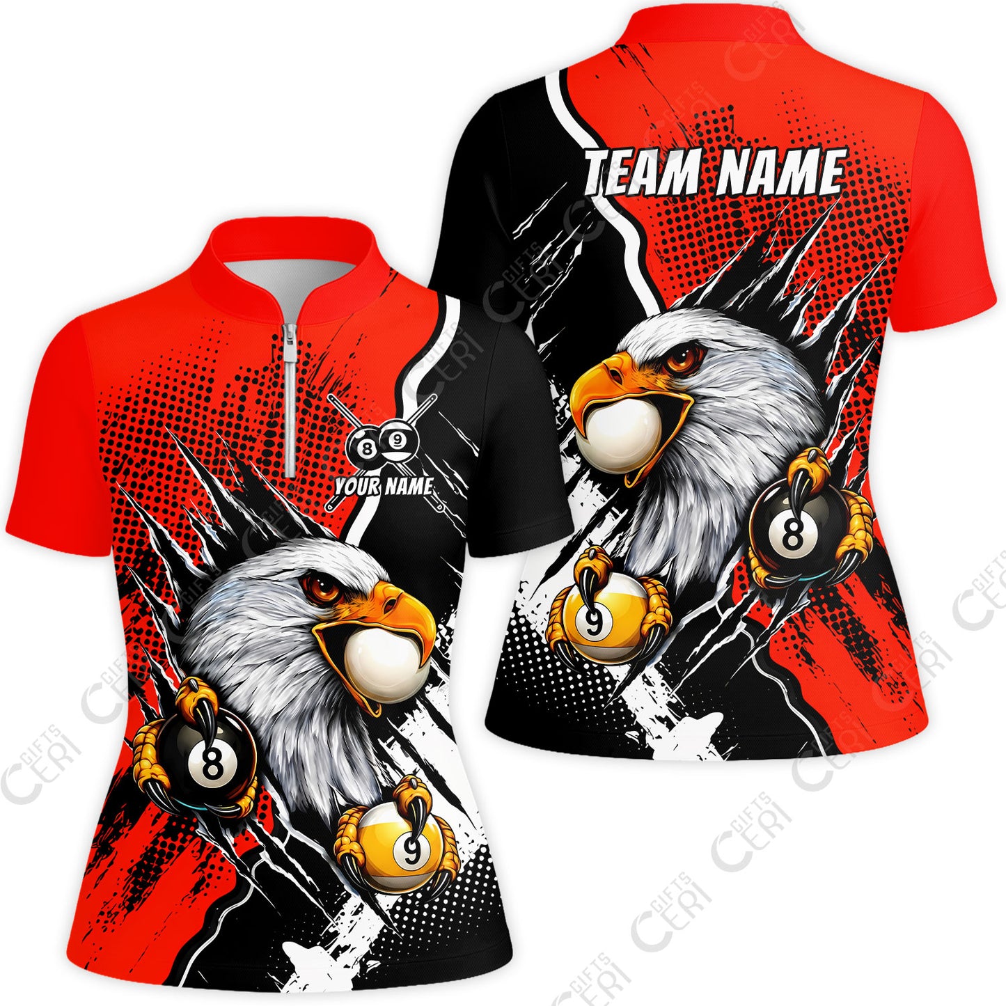 Customized Billiards Stand Collar Quarter-Zip Short Sleeve Women's Shirt, 8 & 9 Ball Billiard Eagle Comic Dot Halftone Background Color, Billiards Jerseys