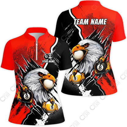 Customized Billiards Stand Collar Quarter-Zip Short Sleeve Women's Shirt, 8 & 9 Ball Billiard Eagle Comic Dot Halftone Background Color, Billiards Jerseys