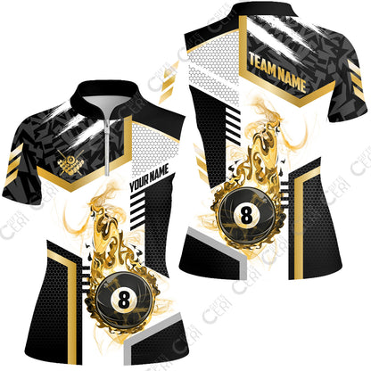 Customized Billiards Stand Collar Quarter Zip Short Sleeve Women's Shirt, Flaming 8-Ball Graphic, 8 Ball Pool Jersey