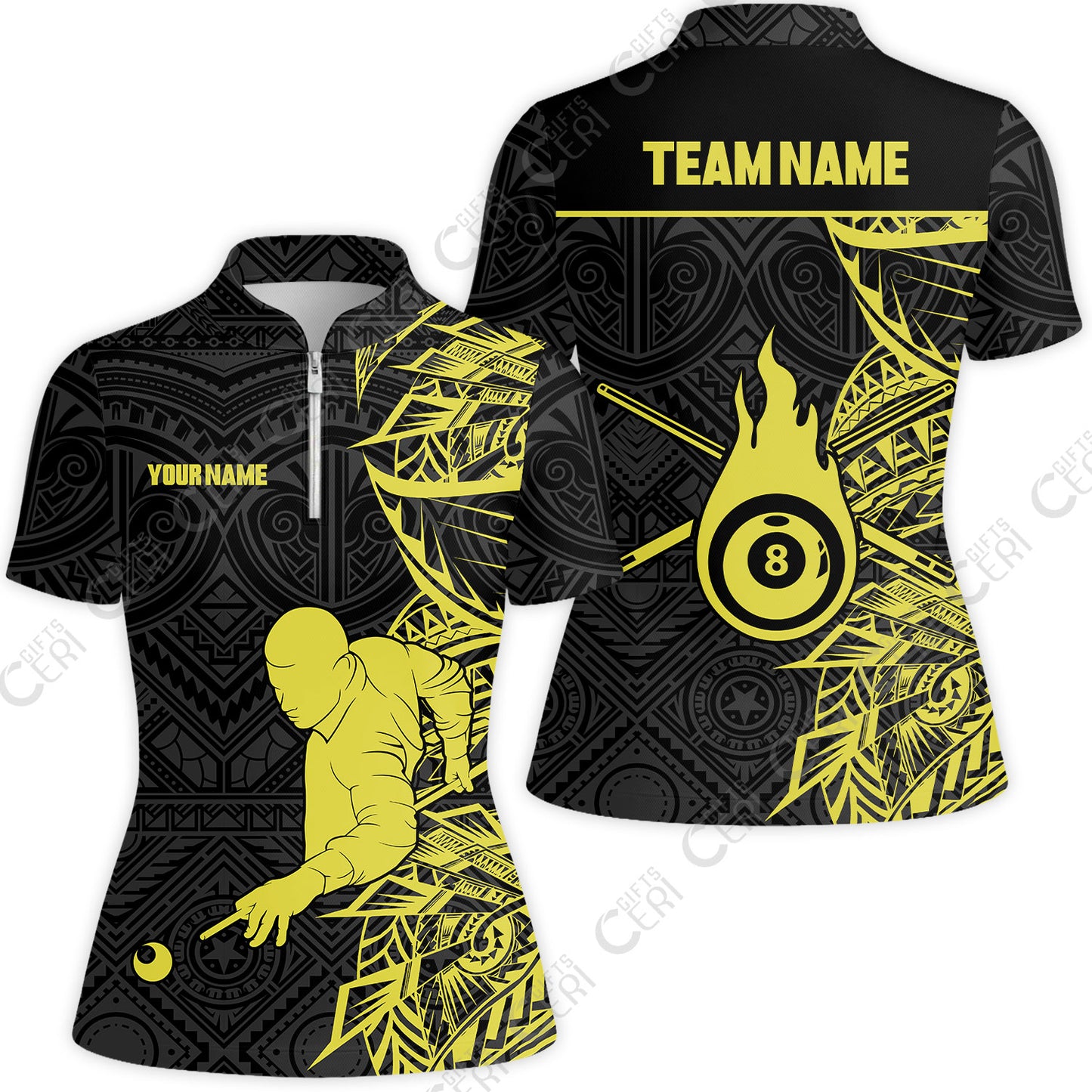 Customized 8 Ball Pool Stand Collar Quarter Zip Short Sleeve Women's Shirt, 8-Ball Billiards Tattoo Pattern, Billiards Jerseys