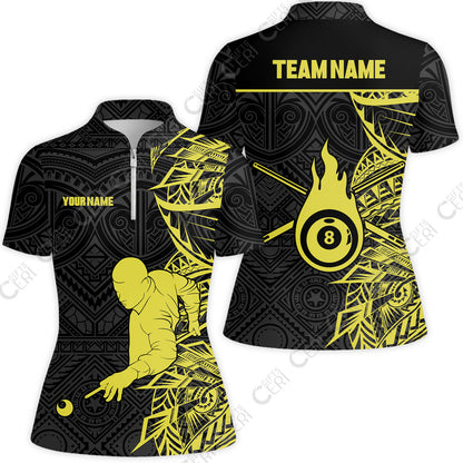 Customized 8 Ball Pool Stand Collar Quarter Zip Short Sleeve Women's Shirt, 8-Ball Billiards Tattoo Pattern, Billiards Jerseys