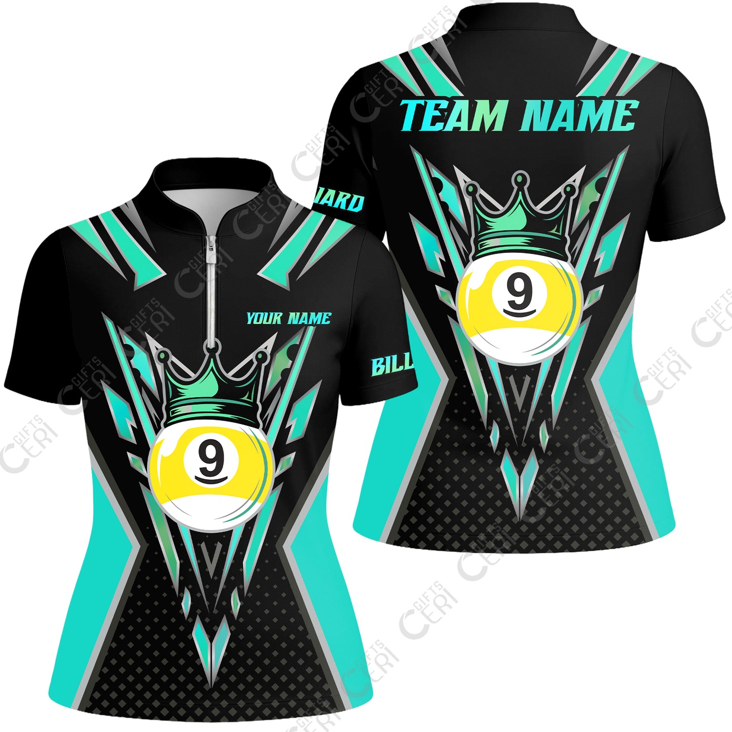 Customized 9 Ball Pool Stand Collar Quarter Zip Short Sleeve Women's Shirt, Billiard 9-Ball Crown, Billiard Jerseys