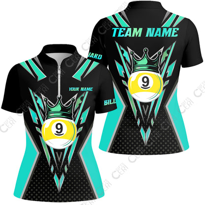 Customized 9 Ball Pool Stand Collar Quarter Zip Short Sleeve Women's Shirt, Billiard 9-Ball Crown, Billiard Jerseys