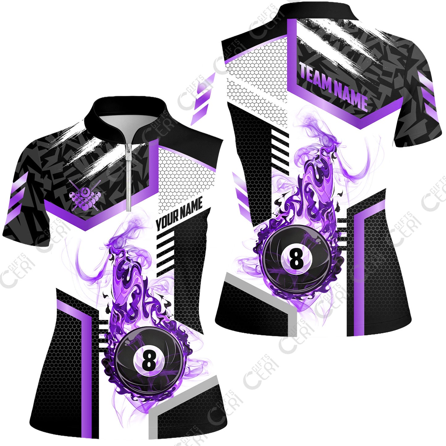 Customized Billiards Stand Collar Quarter Zip Short Sleeve Women's Shirt, Flaming 8-Ball Graphic, 8 Ball Pool Jersey