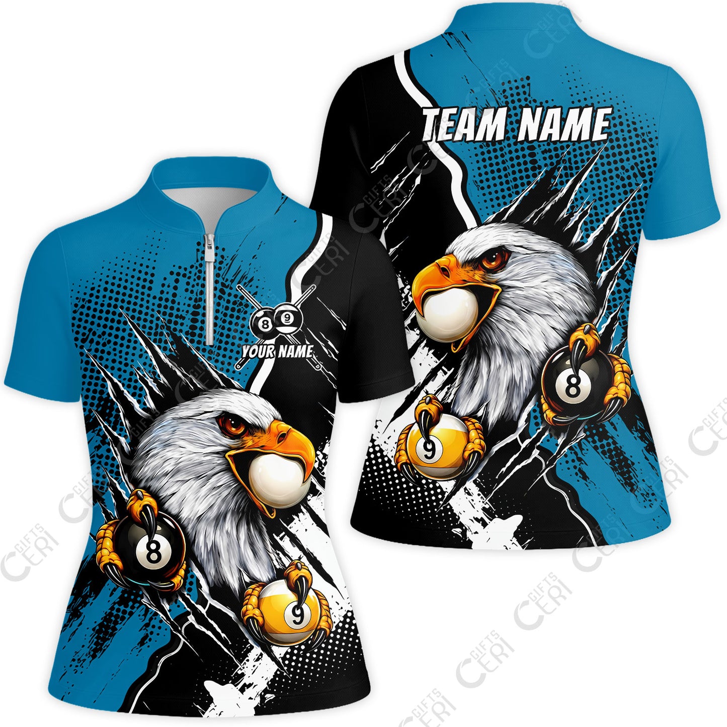 Customized Billiards Stand Collar Quarter-Zip Short Sleeve Women's Shirt, 8 & 9 Ball Billiard Eagle Comic Dot Halftone Background Color, Billiards Jerseys