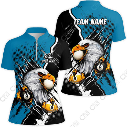 Customized Billiards Stand Collar Quarter-Zip Short Sleeve Women's Shirt, 8 & 9 Ball Billiard Eagle Comic Dot Halftone Background Color, Billiards Jerseys