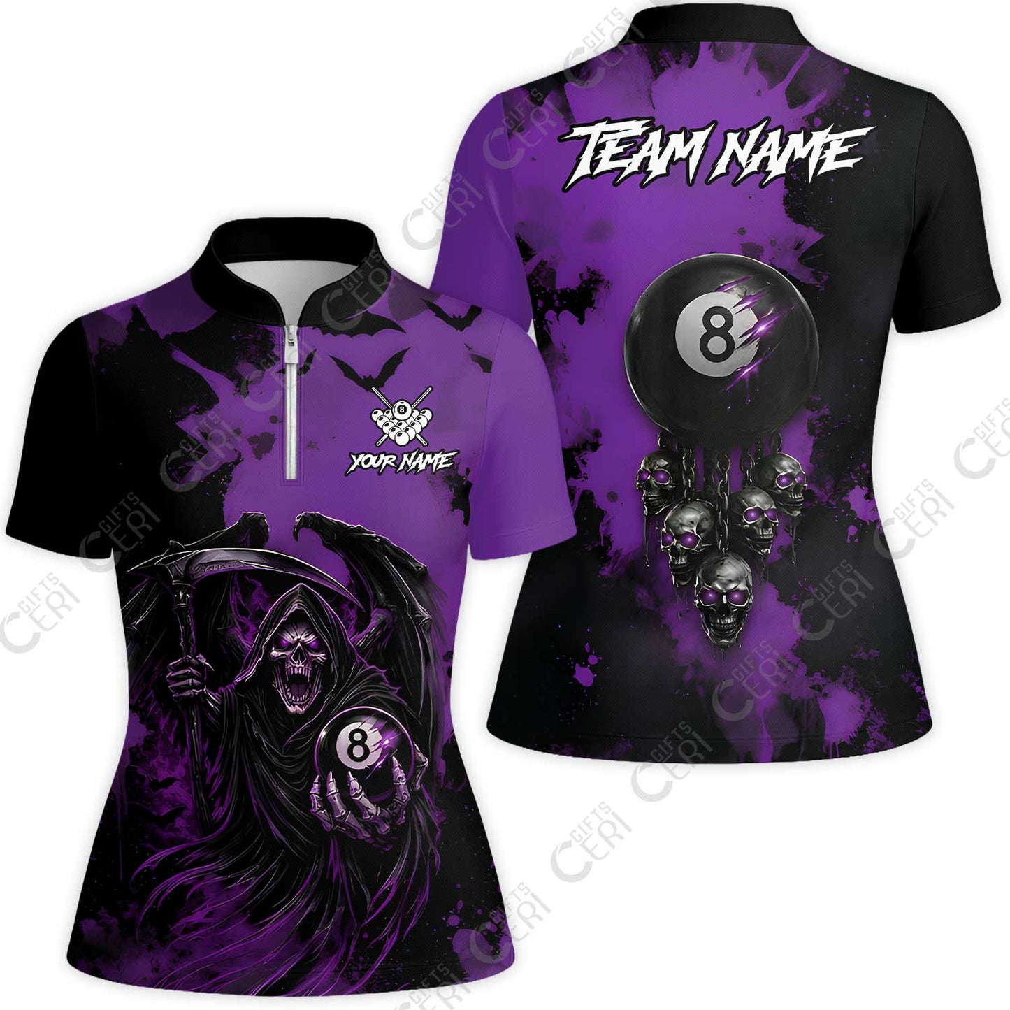 Customized 8 Ball Pool Stand Collar Quarter-Zip Short Sleeve Women's Shirt, Billiard Death Skull Paint Splash, Billiards Jersey