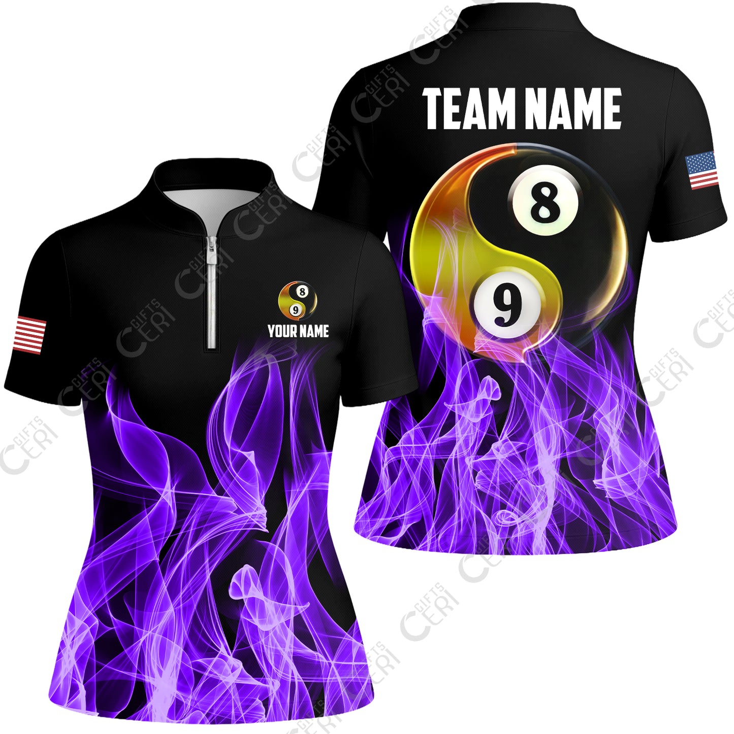Customized Billiard Stand Collar Quarter Zip Short Sleeve Women's Shirt, Billiard 8-Ball And 9-Ball Yin-Yang Flame, Billiard Jerseys