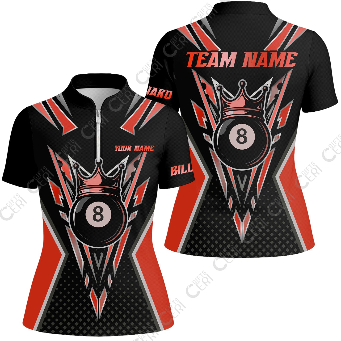 Customized 8 Ball Pool Stand Collar Quarter Zip Short Sleeve Women's Shirt, Billiard 8-Ball Crown, Billiard Jerseys