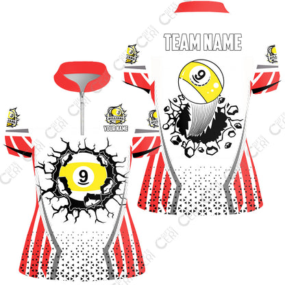 Customized 9 Ball Pool Stand Collar Quarter Zip Short Sleeve Women's Shirt, Billiard Triangle Pattern, 9-Ball Breaks The Wall, Billiard Jerseys