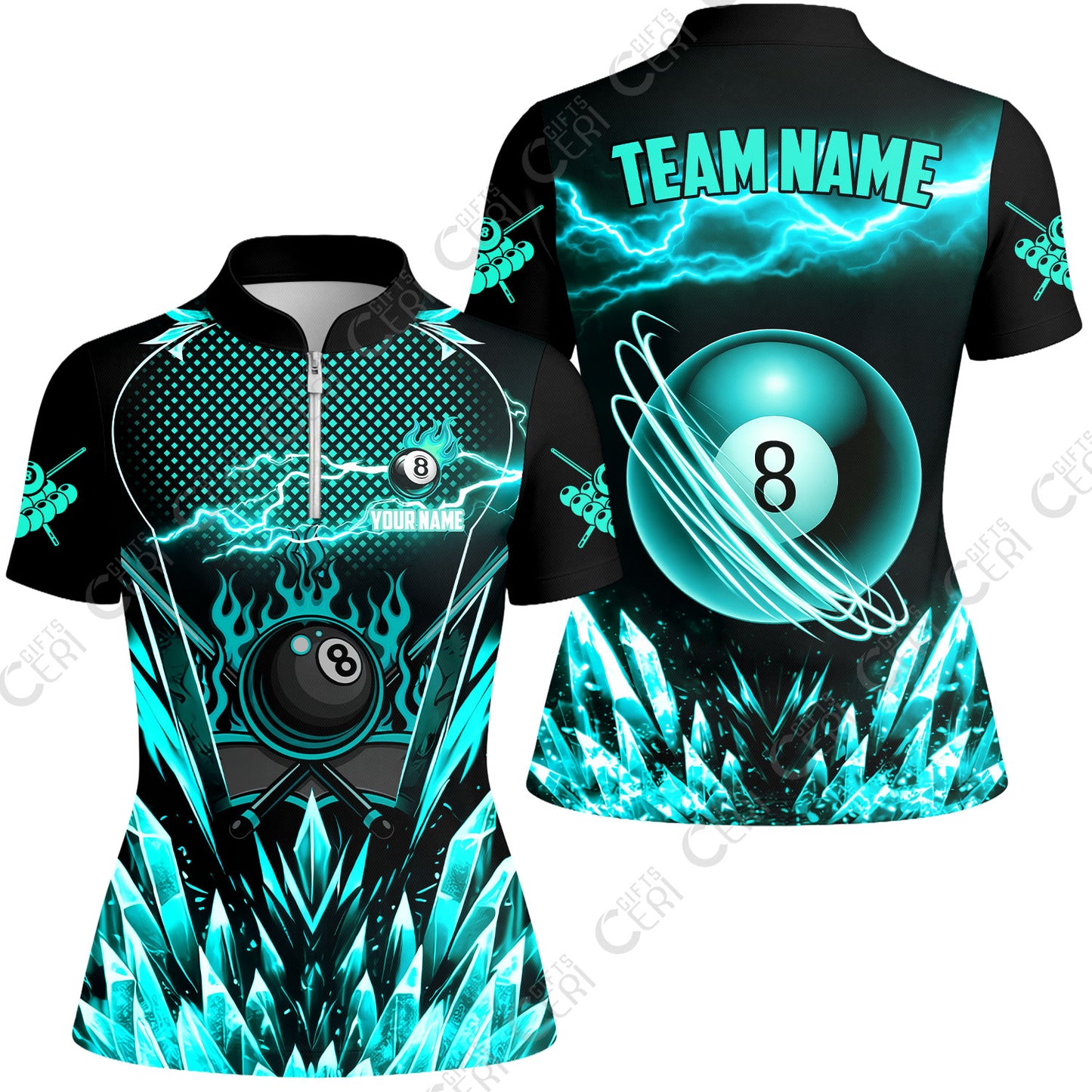 Customized 8 Ball Pool Stand Collar Quarter Zip Short Sleeve Women's Shirt, Electric Lightning Crystal, Billiards Jerseys