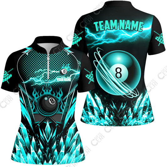Customized 8 Ball Pool Stand Collar Quarter Zip Short Sleeve Women's Shirt, Electric Lightning Crystal, Billiards Jerseys