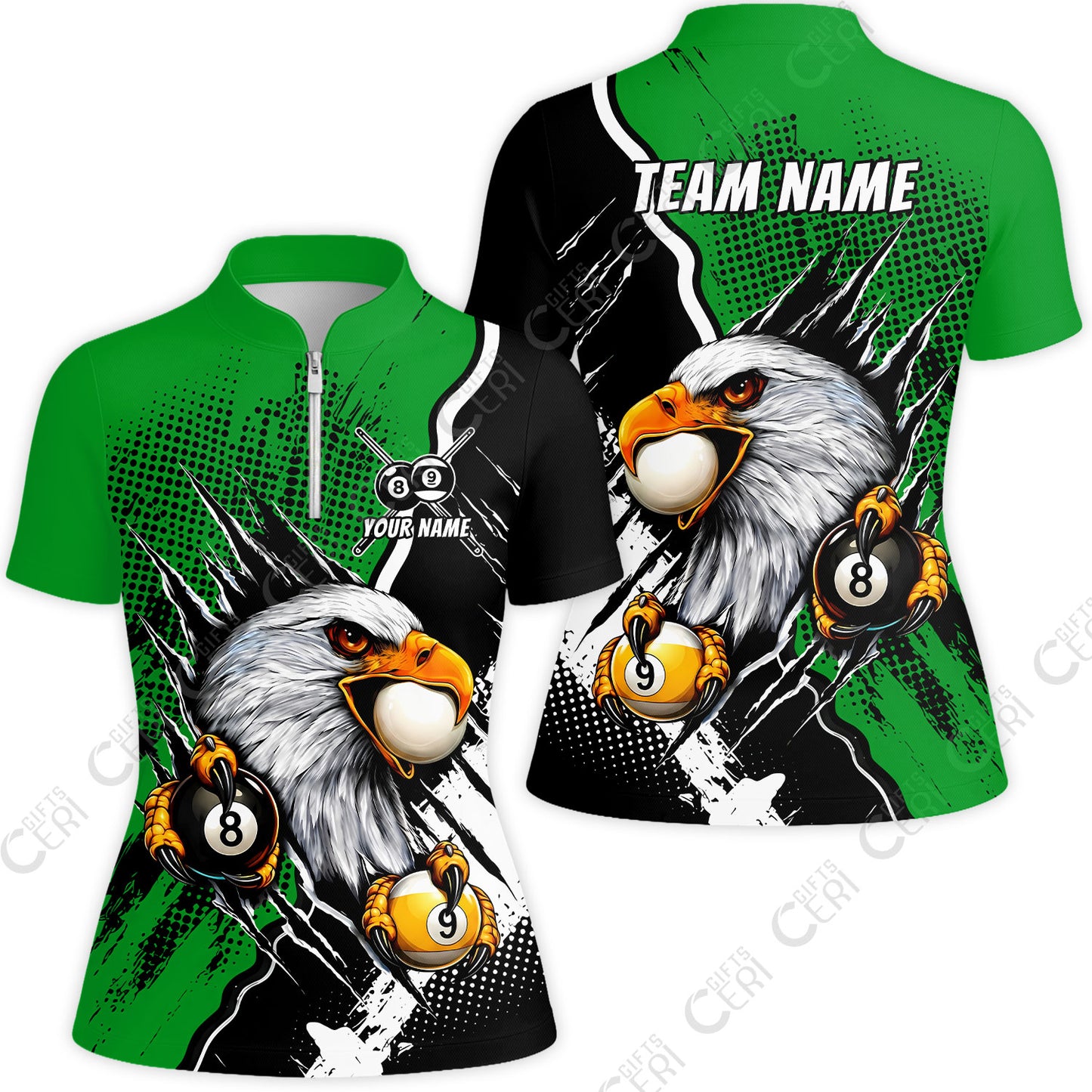 Customized Billiards Stand Collar Quarter-Zip Short Sleeve Women's Shirt, 8 & 9 Ball Billiard Eagle Comic Dot Halftone Background Color, Billiards Jerseys