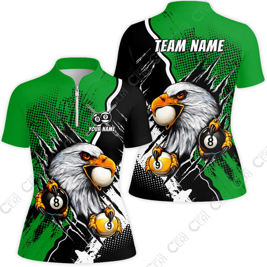 Customized Billiards Stand Collar Quarter-Zip Short Sleeve Women's Shirt, 8 & 9 Ball Billiard Eagle Comic Dot Halftone Background Color, Billiards Jerseys