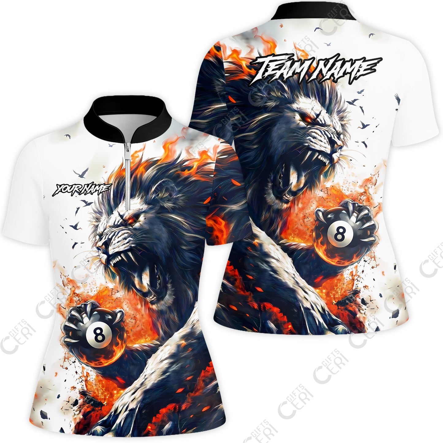 Customized 8 Ball Pool Stand Collar Quarter-Zip Short Sleeve Women's Shirt, Lion Fire Lava 8-Ball, Personalized Billiards Jersey