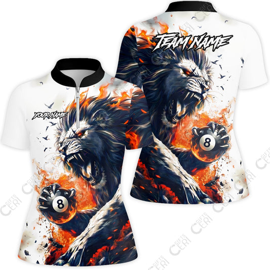 Customized 8 Ball Pool Stand Collar Quarter-Zip Short Sleeve Women's Shirt, Lion Fire Lava 8-Ball, Personalized Billiards Jersey