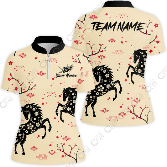 Customized 8 Ball Pool Stand Collar Quarter-Zip Short Sleeve Women's Shirt, Floral Pattern Horse Cherry Blossom, Personalized Billiards Jersey
