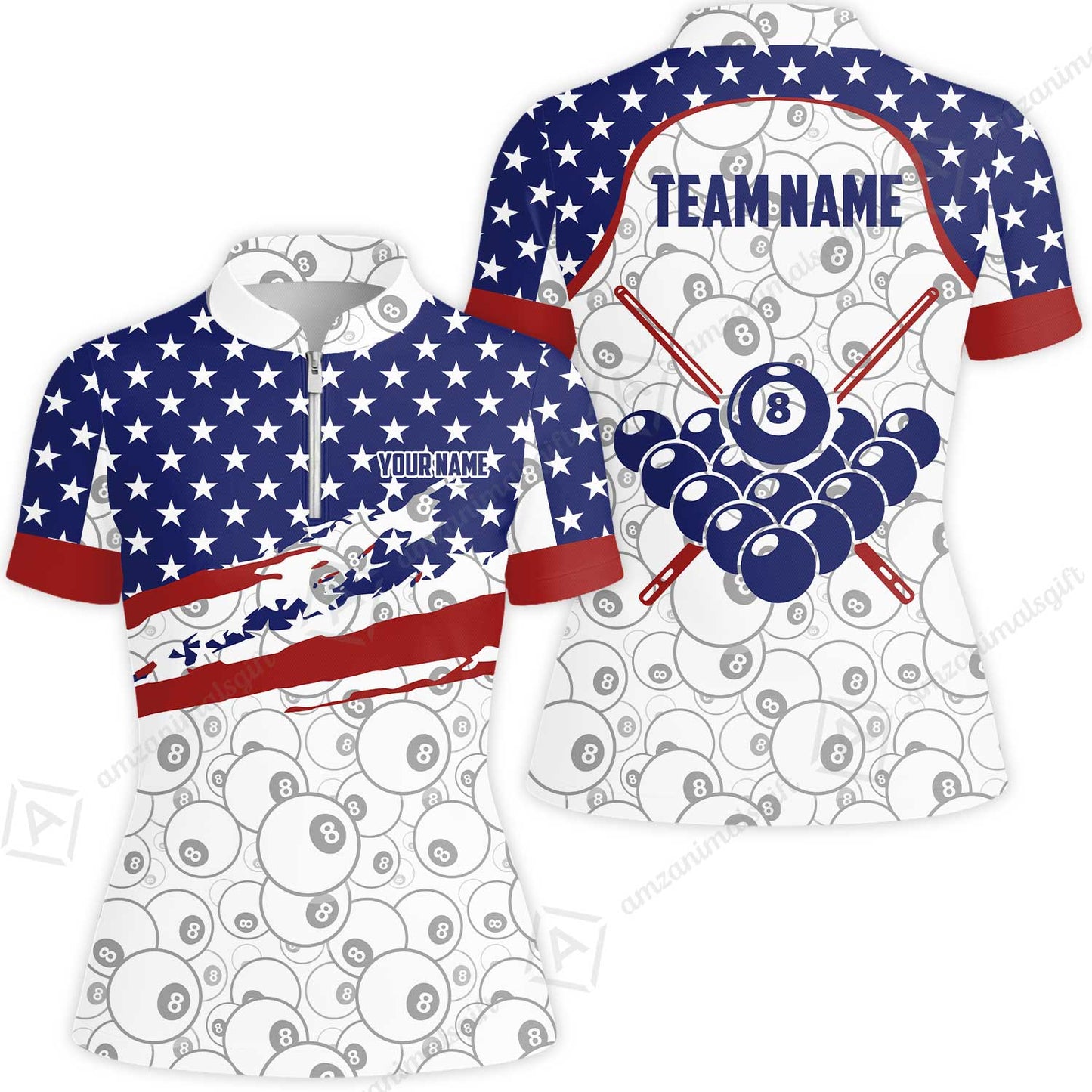 Customized 8 Ball Pool Stand Collar Quarter-Zip Short Sleeve Women's Shirt, American Star Flag Billiard 8-Ball, Personalized Billiards Jersey