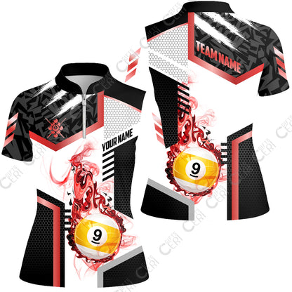Customized 9 Ball Pool Stand Collar Quarter Zip Short Sleeve Women's Shirt, Flaming 9-Ball Graphic, Billiards Jersey