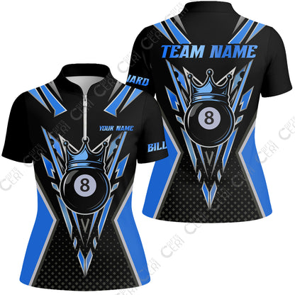 Customized 8 Ball Pool Stand Collar Quarter Zip Short Sleeve Women's Shirt, Billiard 8-Ball Crown, Billiard Jerseys