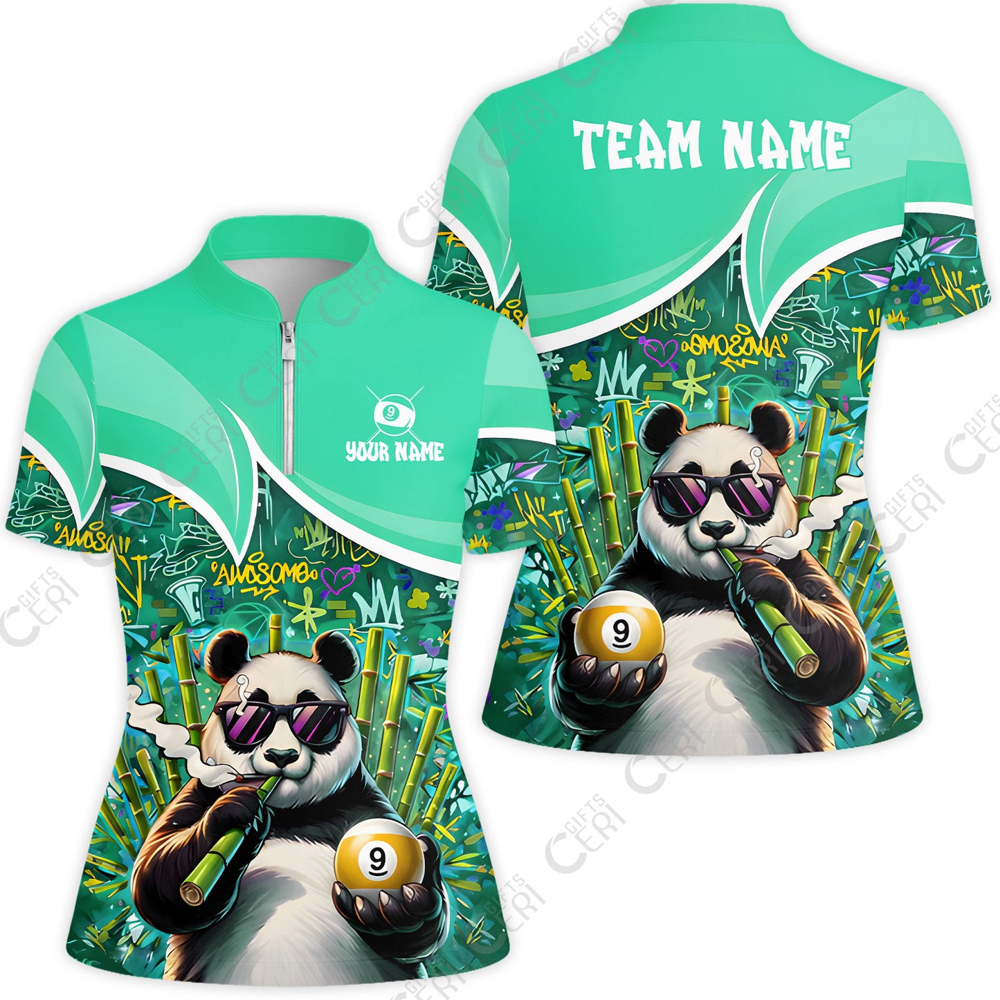 Customized 9 Ball Pool Stand Collar Quarter Zip Short Sleeve Women's Shirt, 9-Ball Panda Bamboo Billiards, Billiards Jerseys