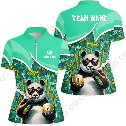 Customized 9 Ball Pool Stand Collar Quarter Zip Short Sleeve Women's Shirt, 9-Ball Panda Bamboo Billiards, Billiards Jerseys