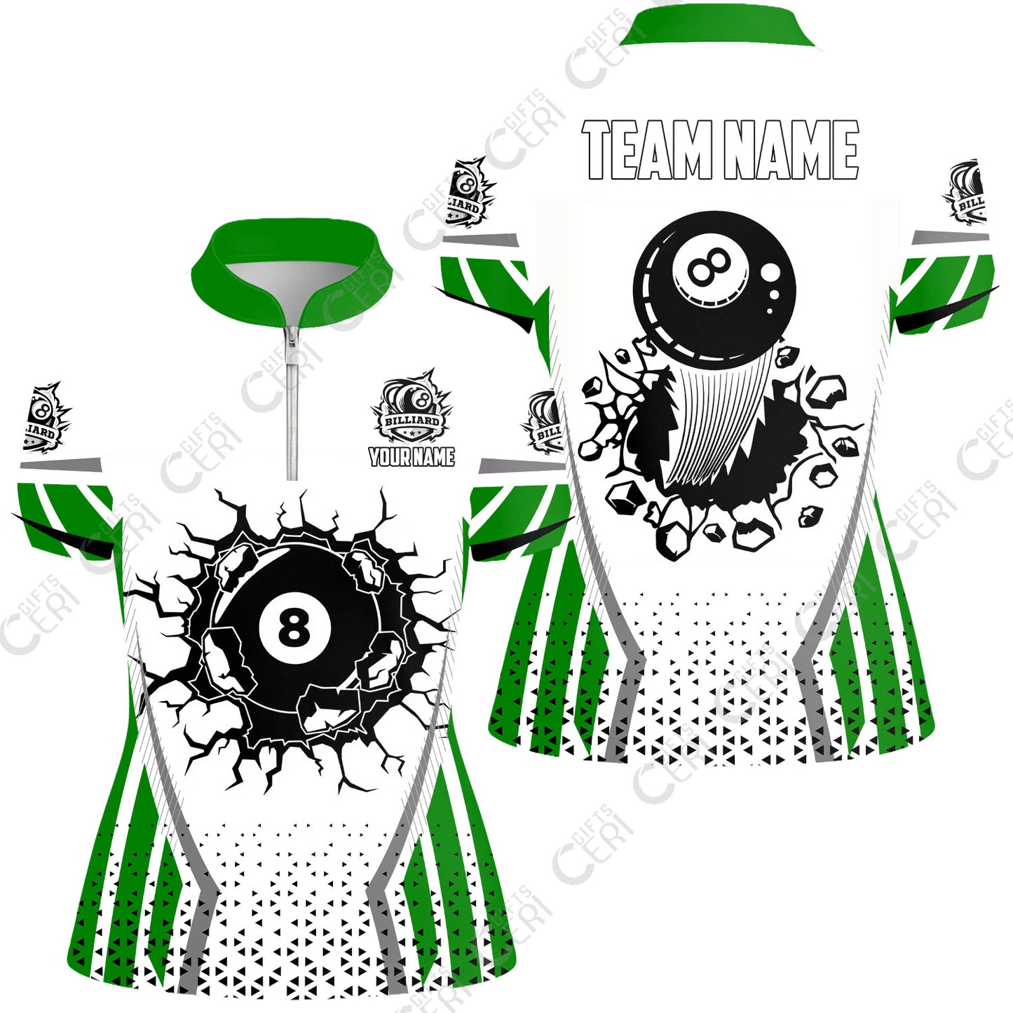 Customized 8 Ball Pool Stand Collar Quarter Zip Short Sleeve Women's Shirt, Billiard Triangle Pattern, 8-Ball Breaks The Wall, Billiard Jerseys