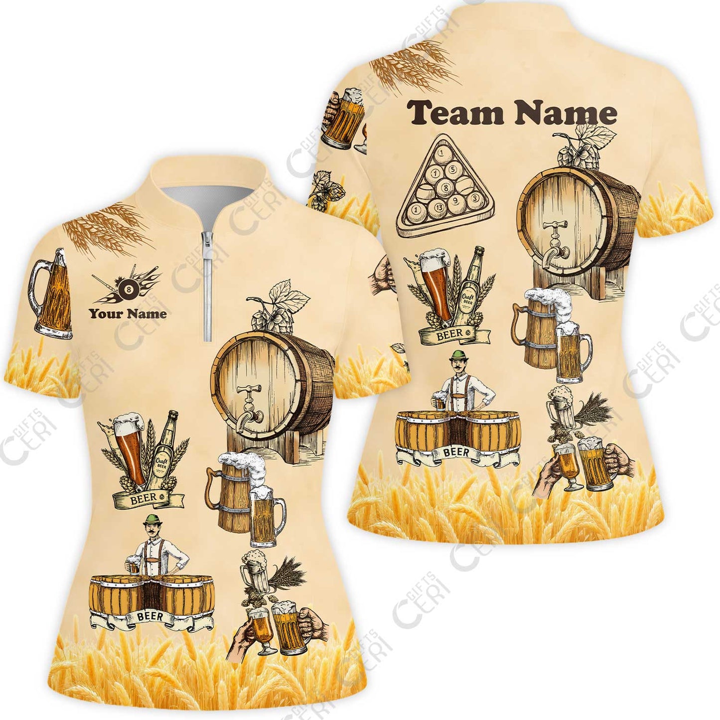 Customized 8 Ball Pool Stand Collar Quarter-Zip Short Sleeve Women's Shirt, Beer 3 Scale Billiard 8-Ball, Personalized Billiards Jersey
