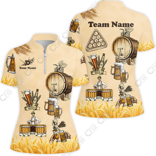 Customized 8 Ball Pool Stand Collar Quarter-Zip Short Sleeve Women's Shirt, Beer 3 Scale Billiard 8-Ball, Personalized Billiards Jersey
