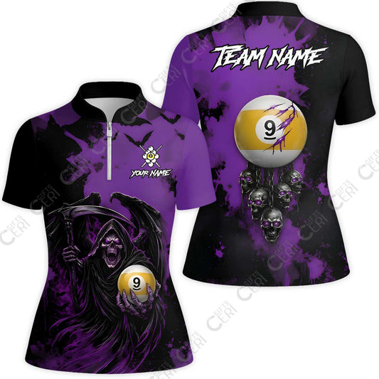 Customized 9 Ball Pool Stand Collar Quarter-Zip Short Sleeve Women's Shirt, Billiard Death Skull Paint Splash 9-Ball, Billiards Jersey