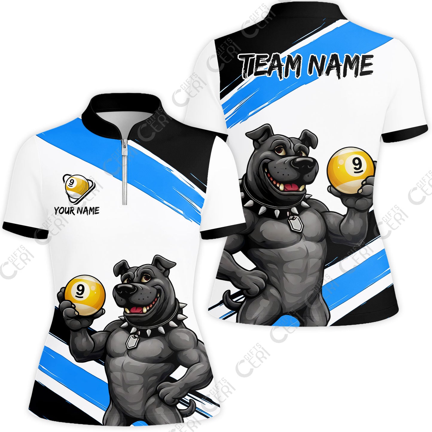 Customized Billiards Stand Collar Quarter Zip Short Sleeve Women's Shirt, Personalized Pitbull 9 Ball Jersey Gift For Billiard Players